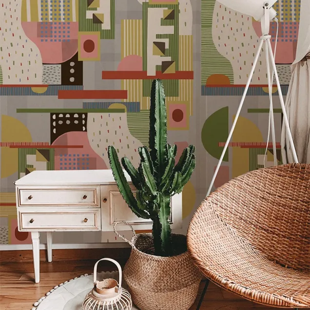 Tapet geometric abstract cu culori vibrante, perfect pentru decorarea dormitorului, livingului sau biroului.