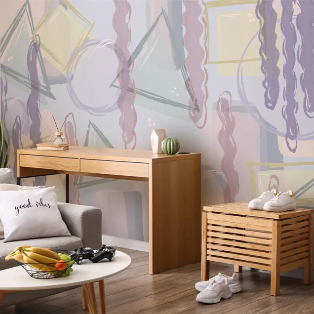 Tapet abstract modern cu forme geometrice și linii curbe. Culori pastelate.