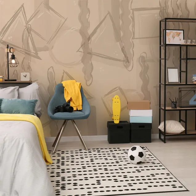 Tapet cu design geometric în nuanțe neutre de bej și gri, perfect pentru a adăuga un plus de eleganță și stil camerei tale.