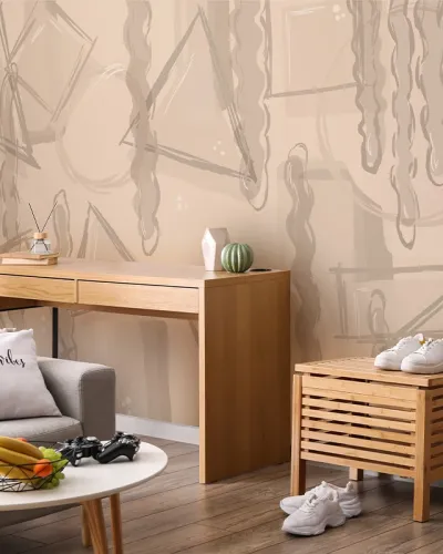 Tapet cu design geometric în nuanțe neutre de bej și gri, perfect pentru a adăuga un plus de eleganță și stil camerei tale.