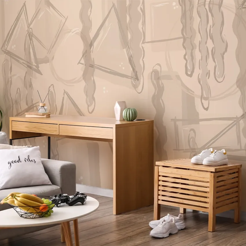 Tapet cu design geometric în nuanțe neutre de bej și gri, perfect pentru a adăuga un plus de eleganță și stil camerei tale.
