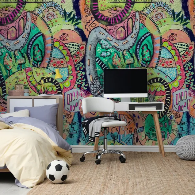 Tapet abstract modern cu forme geometrice, culori vibrante si accente de verde, roz, albastru si galben