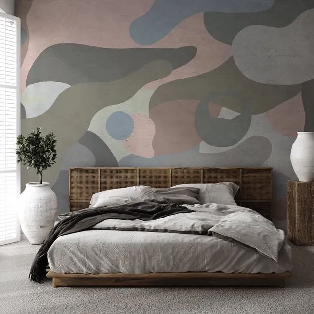 Tapet cu design geometric abstract in nuante de gri, maro, roz, albastru si verde