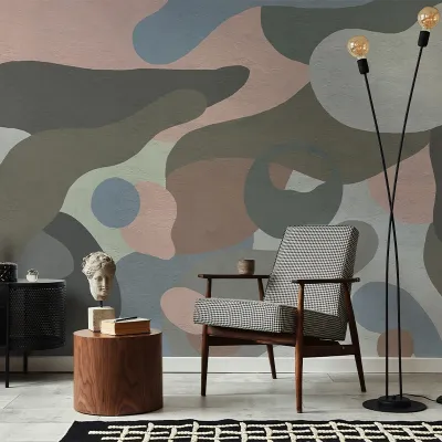 Tapet cu design geometric abstract in nuante de gri, maro, roz, albastru si verde