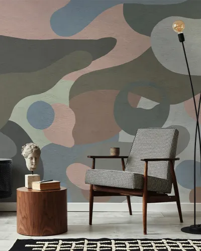 Tapet cu design geometric abstract in nuante de gri, maro, roz, albastru si verde