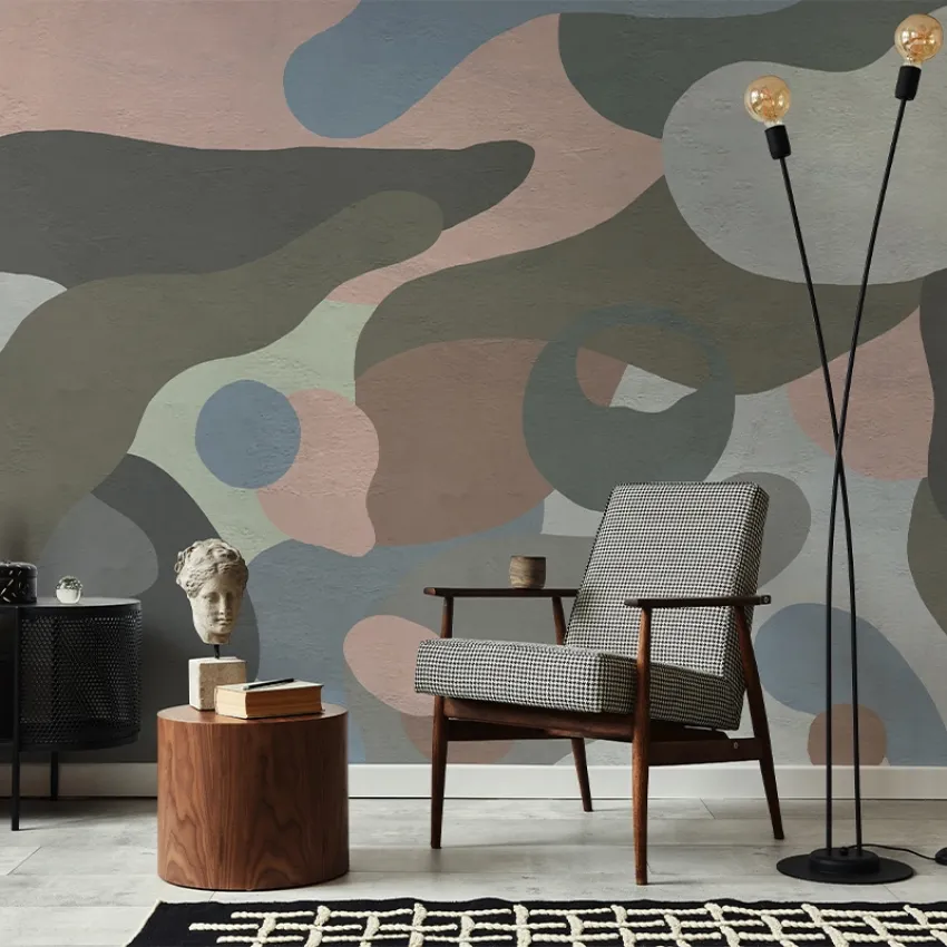 Tapet cu design geometric abstract in nuante de gri, maro, roz, albastru si verde