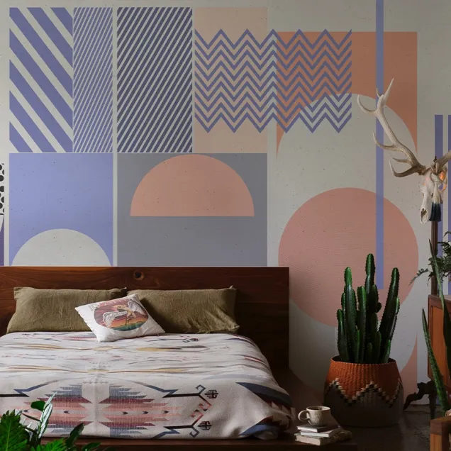 Tapet geometric minimalist cu forme simple în culori delicate de mov, roz și albastru.