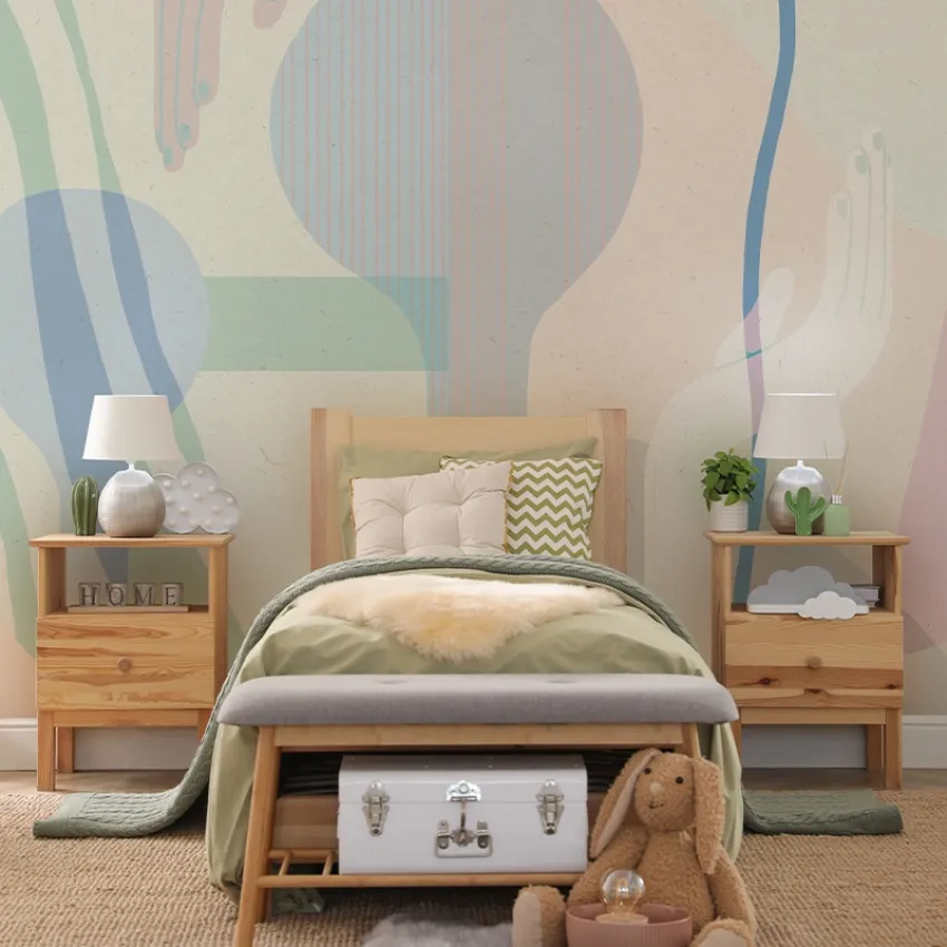 Tapet abstract cu forme geometrice si culori pastelate, perfect pentru dormitoare, livinguri sau birouri.