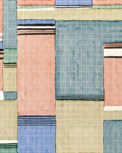Tapet L'équilibre cu design geometric abstract în nuanțe calde și pastelate.