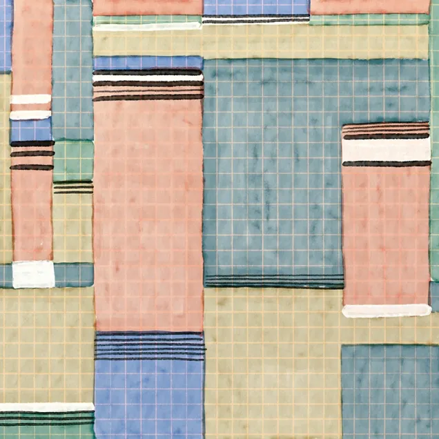 Tapet L'équilibre cu design geometric abstract în nuanțe calde și pastelate.