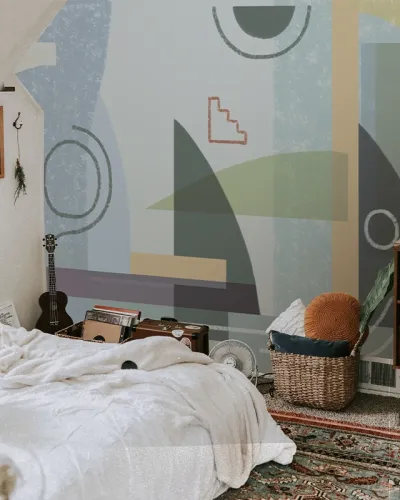 Tapet abstract cu forme geometrice în culori pastelate, perfect pentru un decor minimalist.