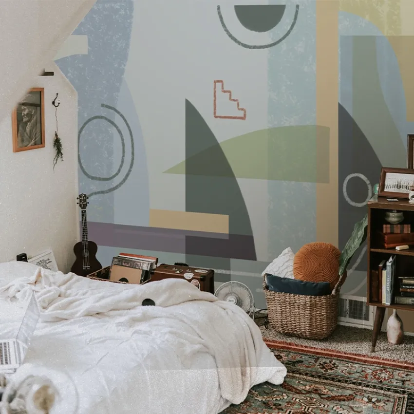 Tapet abstract cu forme geometrice în culori pastelate, perfect pentru un decor minimalist.