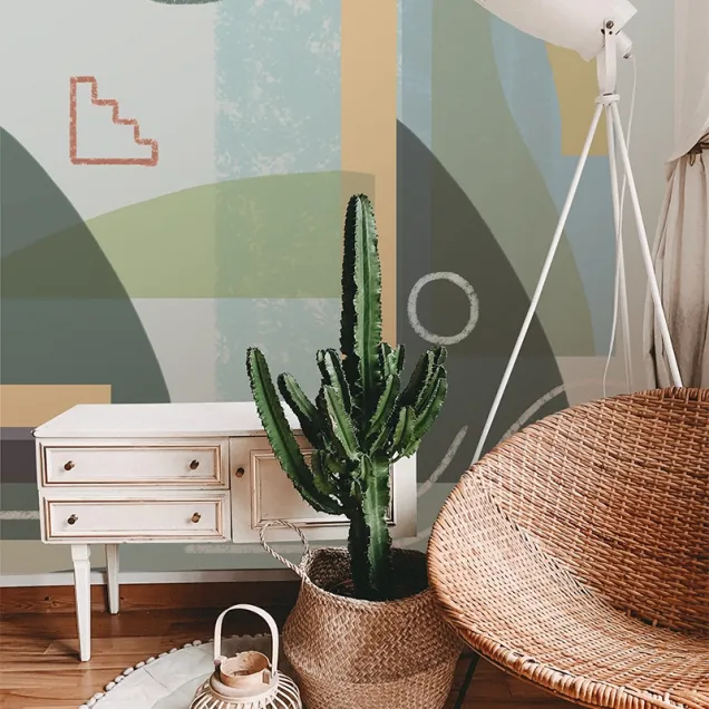 Tapet abstract cu forme geometrice în culori pastelate, perfect pentru un decor minimalist.