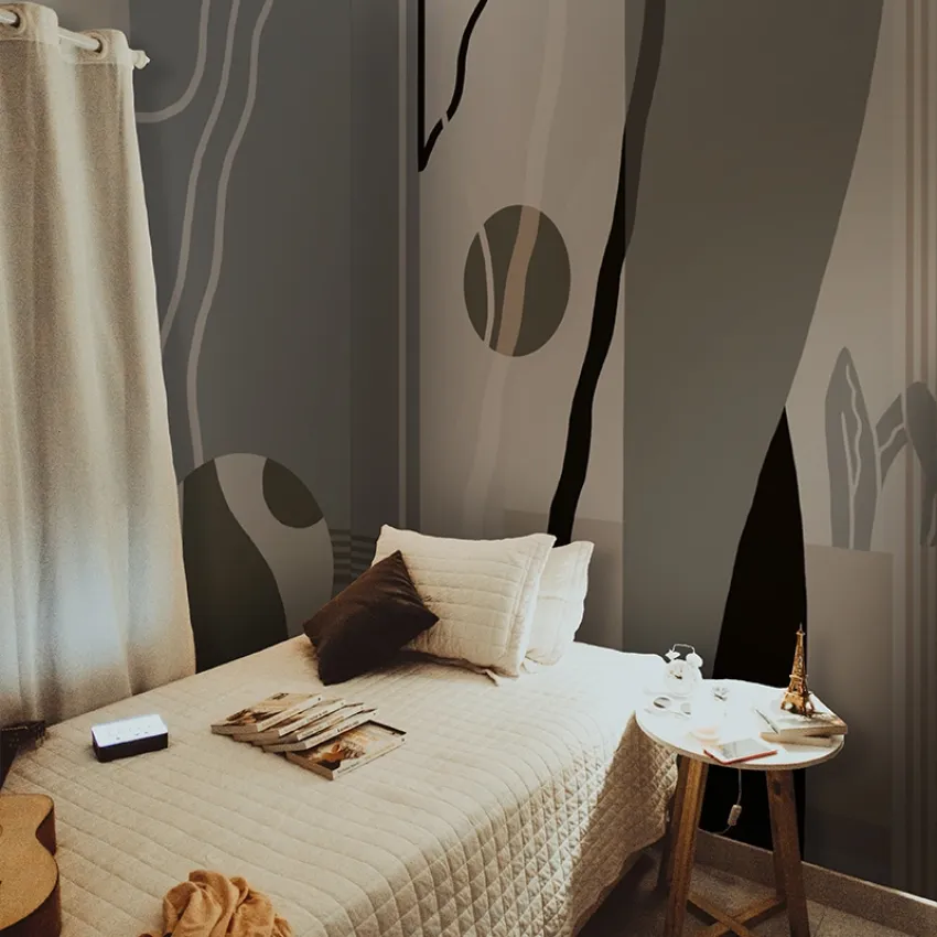 Tapet abstract cu design modern, în nuanțe de gri, crem și negru