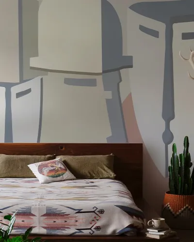 Tapet modern cu design minimalist cu linii grafice curbate in culori pastelate, perfect pentru dormitor