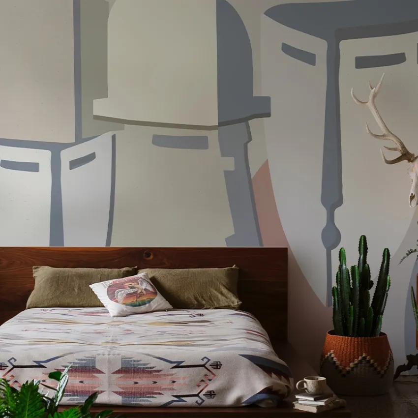 Tapet modern cu design minimalist cu linii grafice curbate in culori pastelate, perfect pentru dormitor