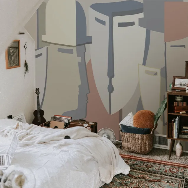 Tapet modern cu design minimalist cu linii grafice curbate in culori pastelate, perfect pentru dormitor