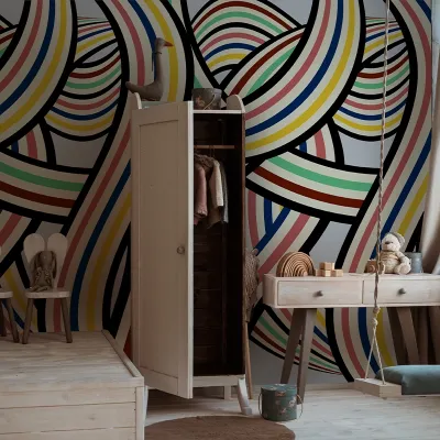 Tapet abstract modern, cu culori luminoase și forme dinamice. Tapetul are un design inspirat din  artele plastice.