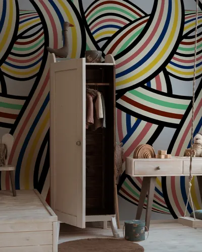 Tapet abstract modern, cu culori luminoase și forme dinamice. Tapetul are un design inspirat din  artele plastice.