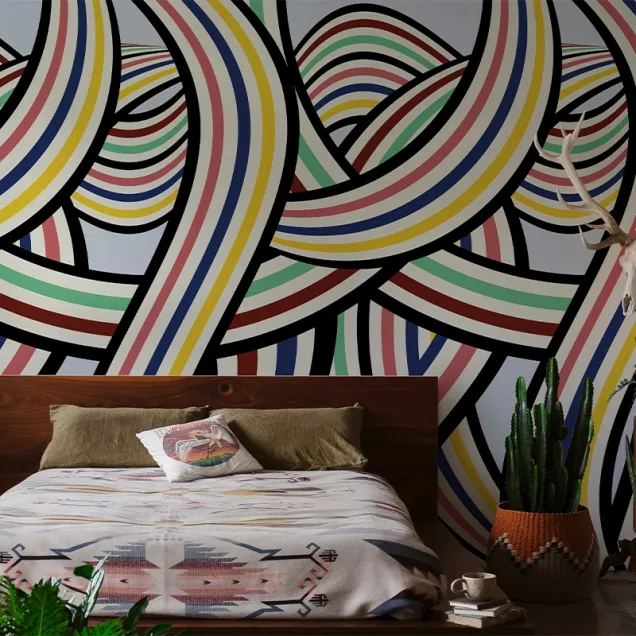 Tapet abstract modern, cu culori luminoase și forme dinamice. Tapetul are un design inspirat din  artele plastice.