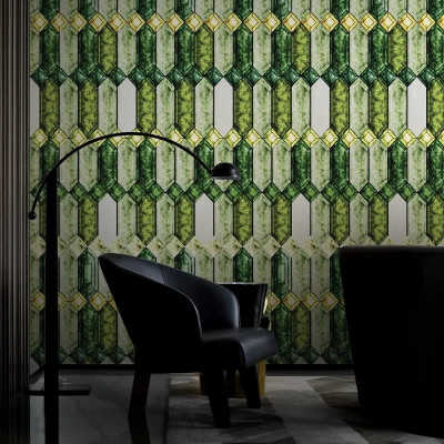 Tapet cu model geometric verde și auriu, 