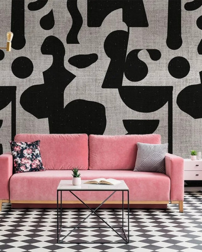 Tapet personalizat cu forme abstracte negre pe fundal gri