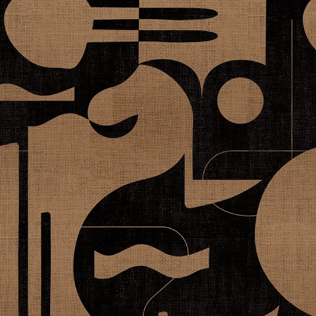 Tapet modern abstract cu design geometric bold, cu tonuri de maro si negru pe un fundal texturat.