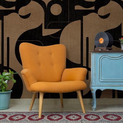 Tapet modern abstract cu design geometric bold, cu tonuri de maro si negru pe un fundal texturat.