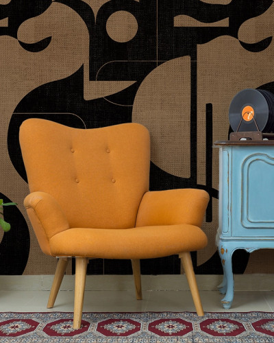 Tapet modern abstract cu design geometric bold, cu tonuri de maro si negru pe un fundal texturat.