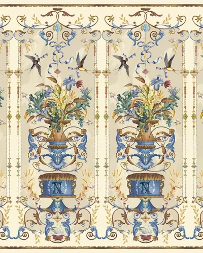 Tapet cu flori și păsări, design elegant, culori pastelate
