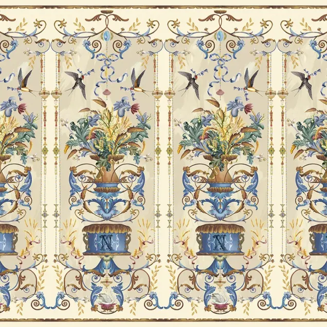 Tapet cu flori și păsări, design elegant, culori pastelate