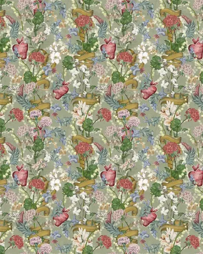 Tapet floral elegant cu un model delicat de flori și panglici aurii pe fond de pistac.