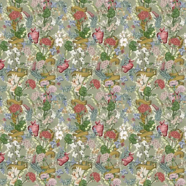 Tapet floral elegant cu un model delicat de flori și panglici aurii pe fond de pistac.