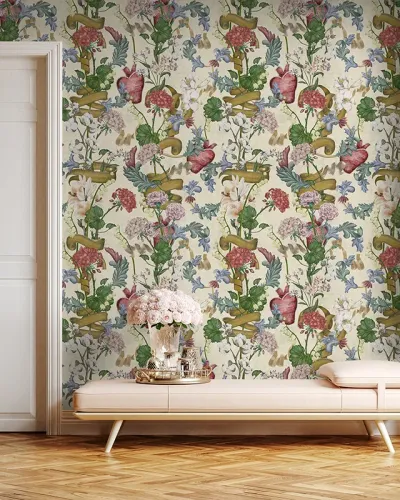 Tapet floral cu flori de geraniu, inimi si panglici aurii