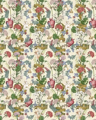 Tapet floral cu flori de geraniu, inimi si panglici aurii