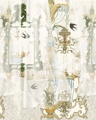 Tapet Silver Fountain cu design floral si accente vintage, perfect pentru un living sau dormitor.