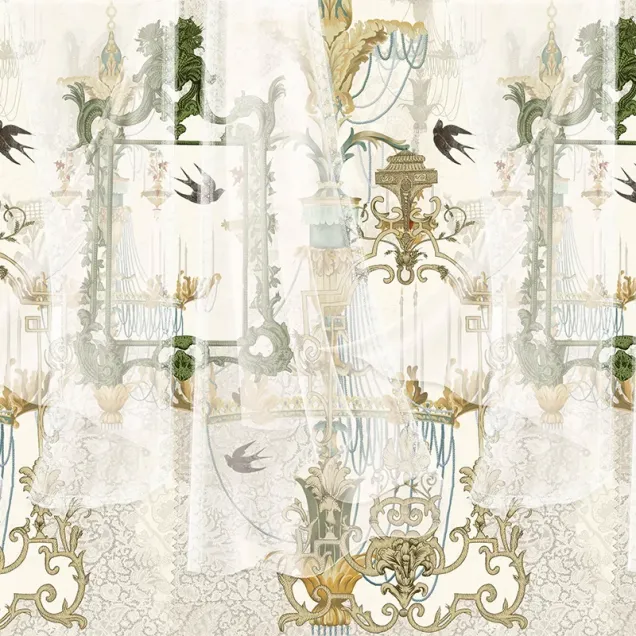 Tapet Silver Fountain cu design floral si accente vintage, perfect pentru un living sau dormitor.