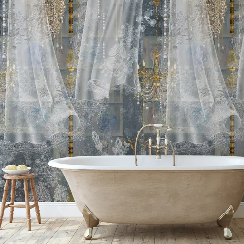 Tapet Tea House (Chicory) cu design floral si detalii de dantela.