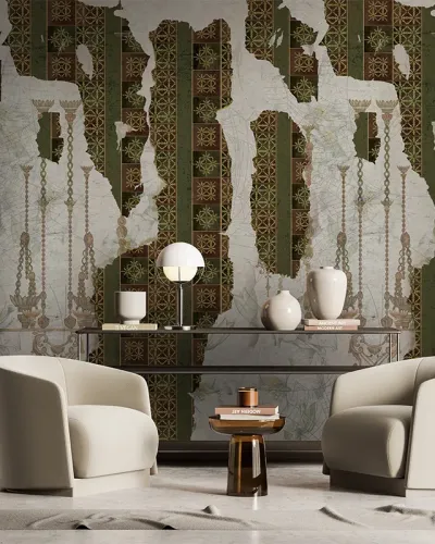 Tapet cu design geometric și rupt, cu motive florale, în nuanțe de verde și maro.