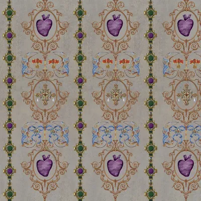 Tapet cu motive ornamentale, flori și geometrice, în culori vibrante, cu un design sofisticat
