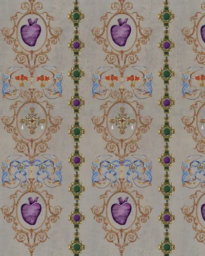 Tapet cu motive ornamentale, flori și geometrice, în culori vibrante, cu un design sofisticat