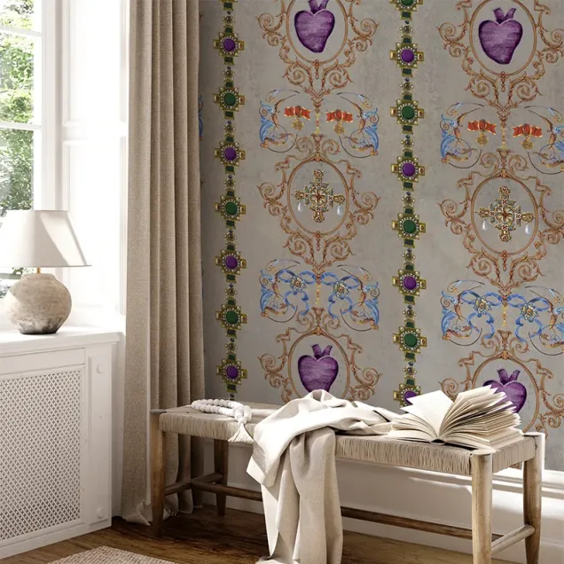 Tapet cu motive ornamentale, flori și geometrice, în culori vibrante, cu un design sofisticat