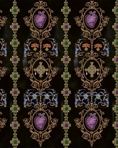Tapet cu design regal, cu o cruce aurită în centru, motive florale și linii delicate, în culori bogate.