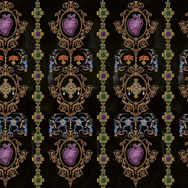 Tapet cu design regal, cu o cruce aurită în centru, motive florale și linii delicate, în culori bogate.