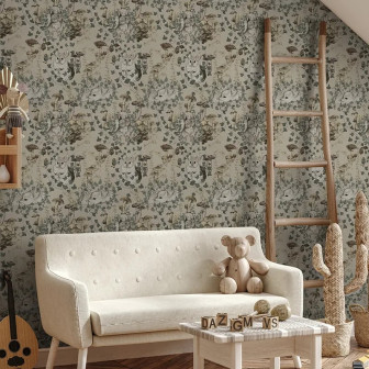 Tapet personalizat cu iepuri și ciuperci într-o cameră decorată