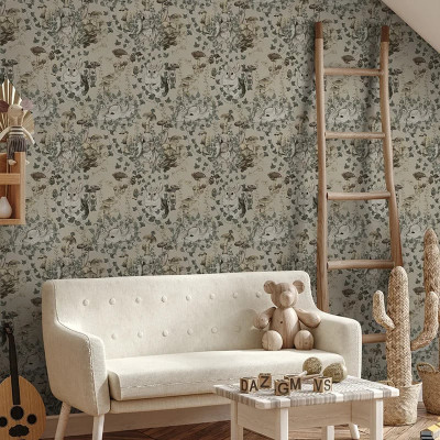 Tapet personalizat cu iepuri și ciuperci într-o cameră decorată