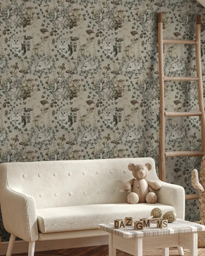 Tapet personalizat cu iepuri și ciuperci într-o cameră decorată