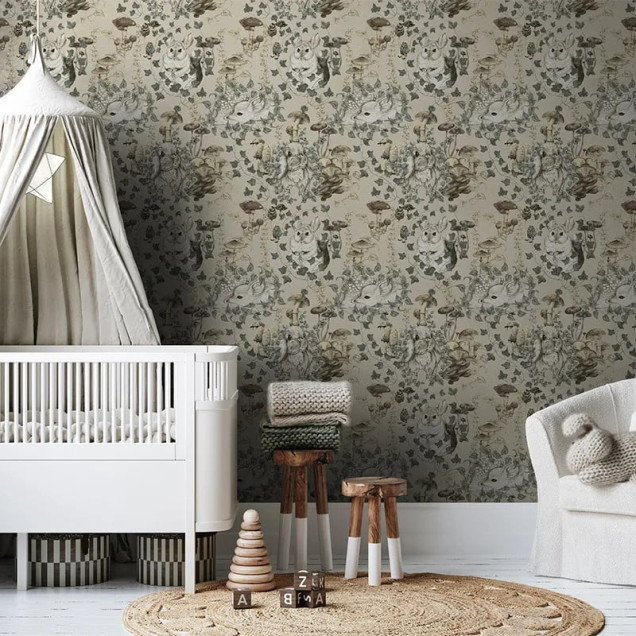 Tapet personalizat cu iepuri și ciuperci într-o cameră decorată