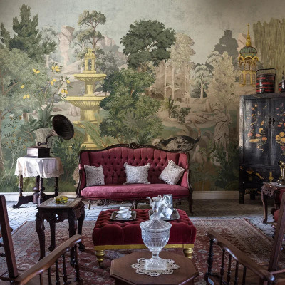 Tapet personalizat cu peisaj cu o fântână într-un interior elegant
