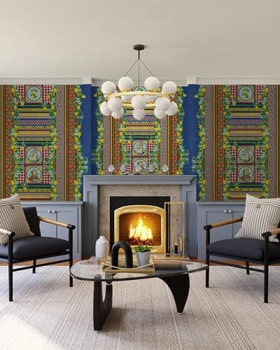 Fototapet personalizat cu design floral și detalii decorative într-un living modern